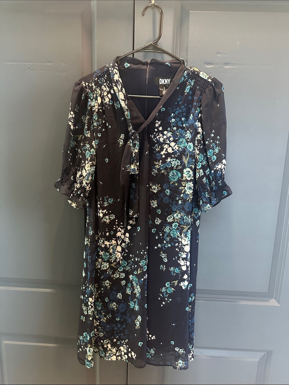 DKNY Black Floral Midi Dress with Teal & White Blooms